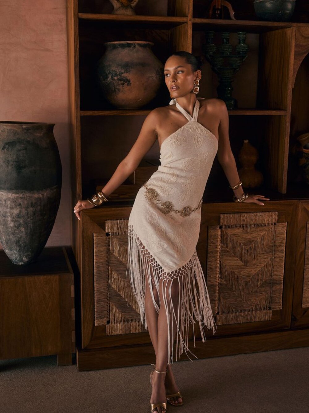 12th Tribe Fontaine Ivory Jacquard Fringe Midi Dress Size SS